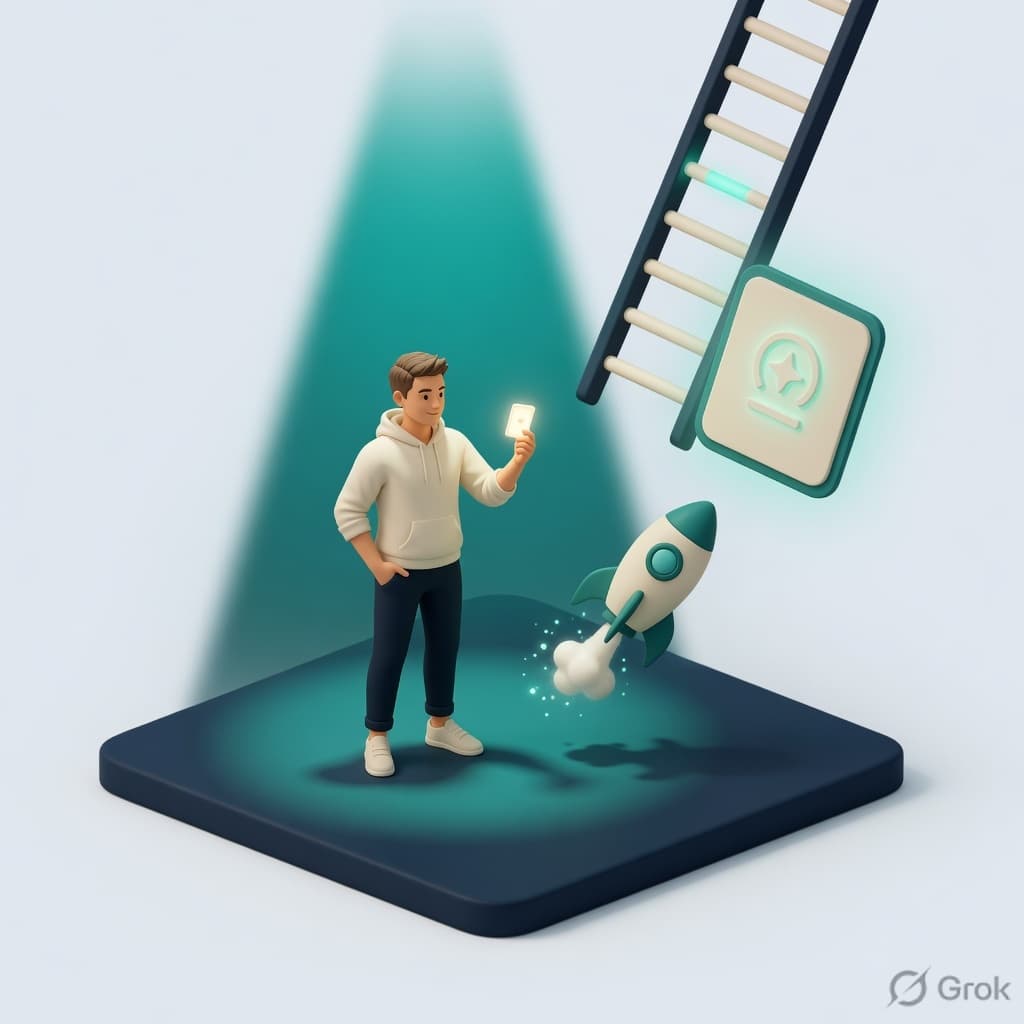 Builder in a teal spotlight with a rocket and a rising career ladder