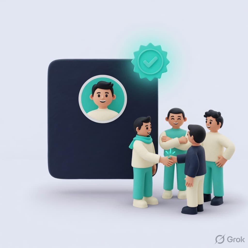 Community members greeting each other beside a verified profile card